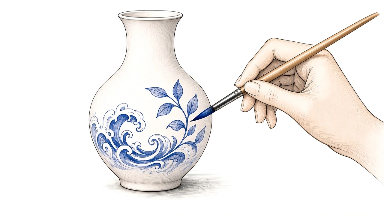 鉛筆淡彩插畫：一隻手拿筆在素坯花瓶上畫青花